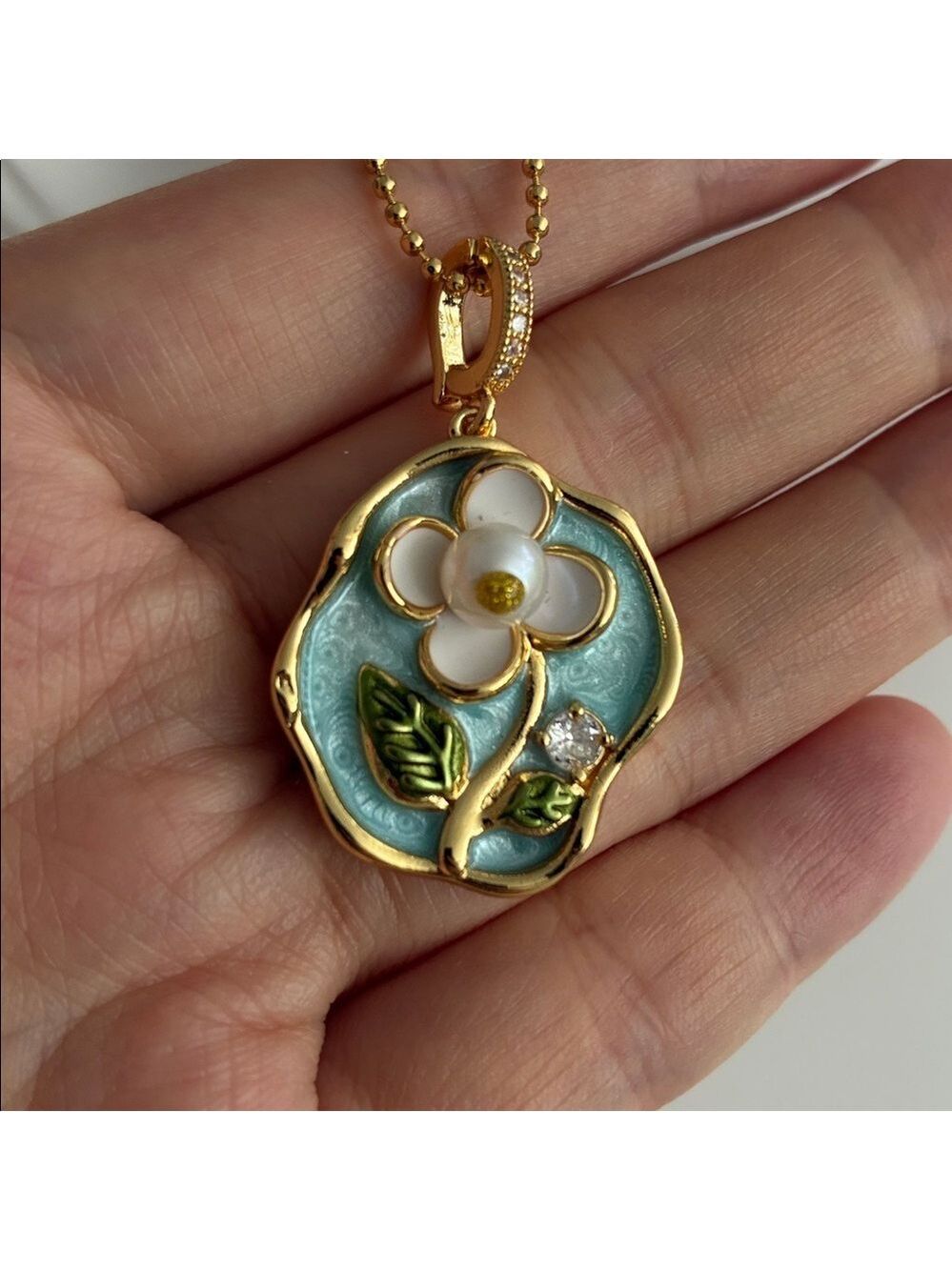 Green Enamel Flower Gold Necklace, Freshwater Pearl Necklace, Handmade Pendant - Picture 5 of 6